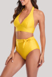 黄色のファッションセクシーな固体包帯背中の開いた水着（パディング付き）