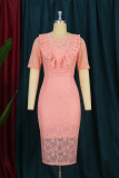ピンク ファッション カジュアル ソリッド パッチワーク シースルー O ネック半袖ドレス