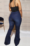 Dark Blue Fashion Casual Print Basic High Waist Regular Denim Jeans