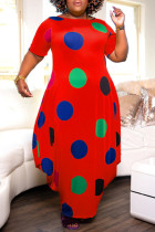 Red Fashion Casual Dot Print Basic O-hals jurk met korte mouwen Grote maten jurken