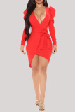 Röd Mode Casual Solid Bandage V-hals långärmade klänningar