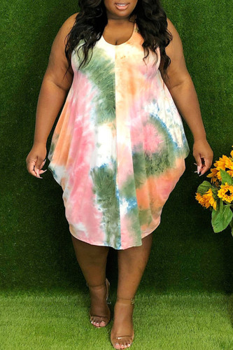 Rose Fashion Casual Print Tie-dye Asymétrique O Neck Vest Dress Robes de grande taille
