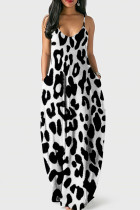 ブラックホワイトファッションセクシーカジュアルプリントヒョウバックレススパゲッティストラップロングドレス