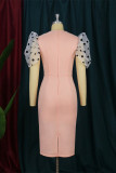ピンクのファッションカジュアルドットは古いスリットVネック半袖ドレスを作ります