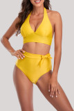 Yellow Fashion Sexy Solid Bandage Backless Swimwears (With Paddings)