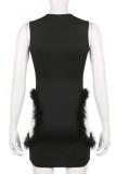 Black Sexy Solid Hollowed Out Patchwork Feathers O Neck Pencil Skirt Dresses