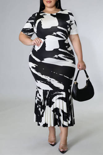 White Fashion Casual Plus Size Print Patchwork O Neck Short Sleeve Dress