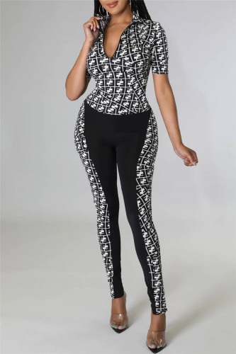 Black Fashion Casual Print Patchwork Zipper Collar Short Sleeve Two Pieces