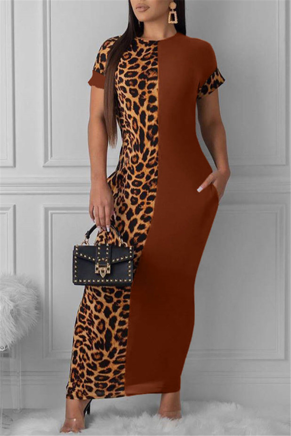 Коричневое модное повседневное платье с леопардовым принтом и круглым вырезом в стиле пэчворк с коротким рукавом