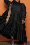 ブラック カジュアル ソリッド パッチワーク ターンダウン カラー ケーキ スカート プラス サイズ ドレス (ベルトなし)