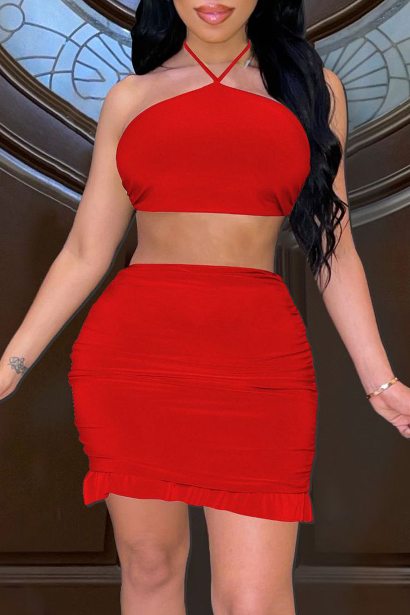 

Red Fashion Sexy Solid Bandage Backless Strapless Sleeveless Two Pieces