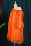 オレンジ ファッション カジュアル ソリッド パッチワーク フォールド オブリーク カラー ロング スリーブ ドレス