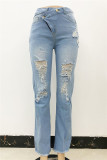 Jeans de mezclilla rectos de cintura alta rasgados sólidos casuales de moda de color claro