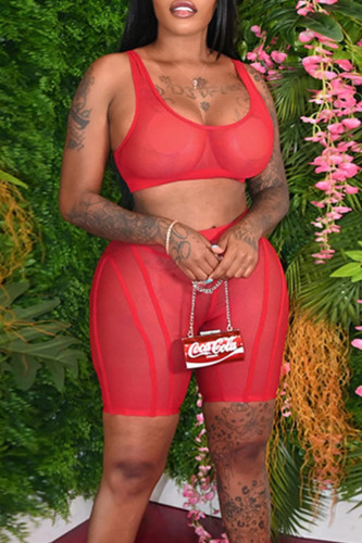 Red Sexy Solid Patchwork See-through U Neck Sleeveless Two Pieces