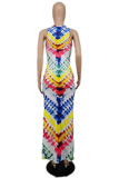 Multi-color Fashion Sexy Print Slit O Neck Long Dress