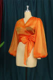 オレンジファッションセクシーカジュアルソリッド包帯シースルーVネックトップス