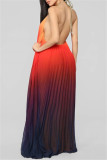 レッドファッションカジュアル段階的変更プリント背中の開いたホルターノースリーブドレス