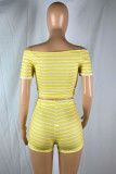 Shallow Yellow Fashion Casual Striped Print Basic V Neck Short Sleeve Two Pieces