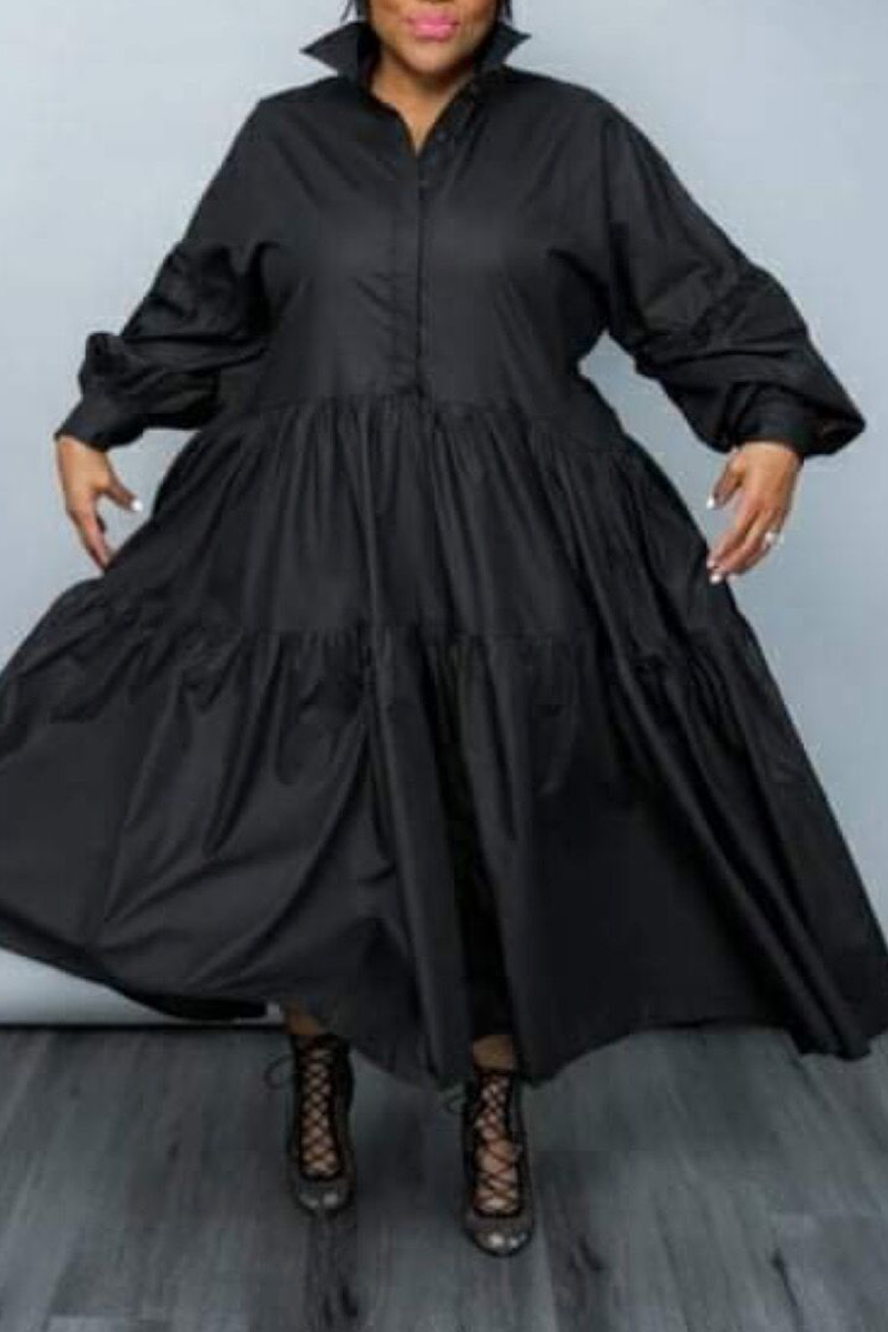 

Black Casual Solid Split Joint Turndown Collar Cake Skirt Plus Size Dresses (Without Belt)