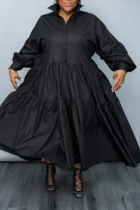Schwarzes, lässiges, solides Patchwork-Umlegekragen-Kuchenrock-Kleid in Übergröße (ohne Gürtel)