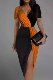 Orange Sexy Solid Patchwork Asymmetrical V Neck One Step Skirt Dresses