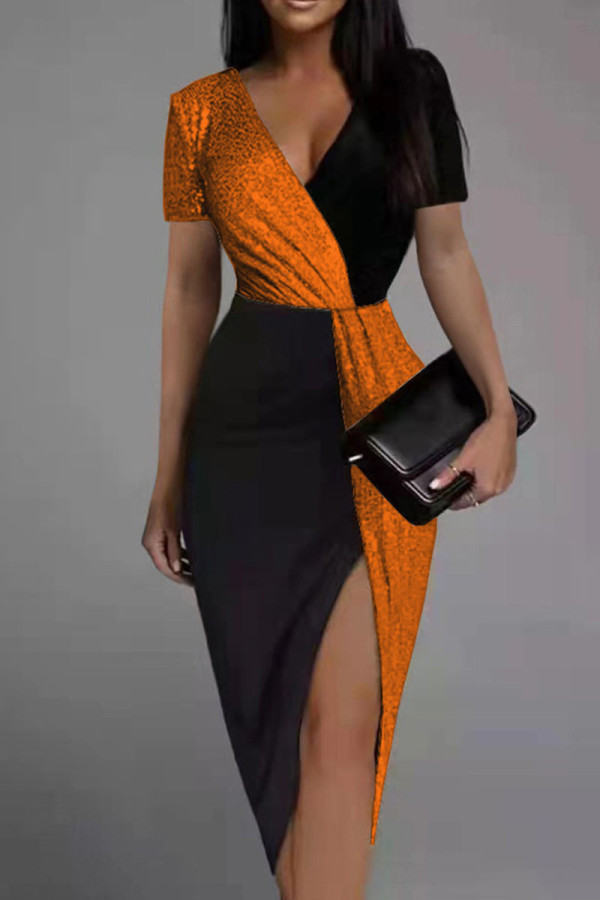 オレンジのセクシーなソリッドパッチワーク非対称 V ネックワンステップスカートドレス
