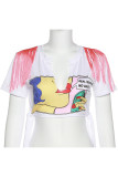 Розовые повседневные футболки с уличным принтом и кисточками в стиле пэчворк с V-образным вырезом