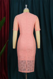 Rosafarbenes, modisches, lässiges, durchsichtiges Patchwork-Kleid mit O-Ausschnitt und kurzen Ärmeln