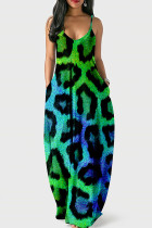 Бирюзовое модное сексуальное повседневное длинное платье с леопардовым принтом и открытой спиной на тонких бретелях