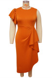 Orange Fashion Casual Plus Size Solid Patchwork O Neck Irregular Dress (Without Belt)
