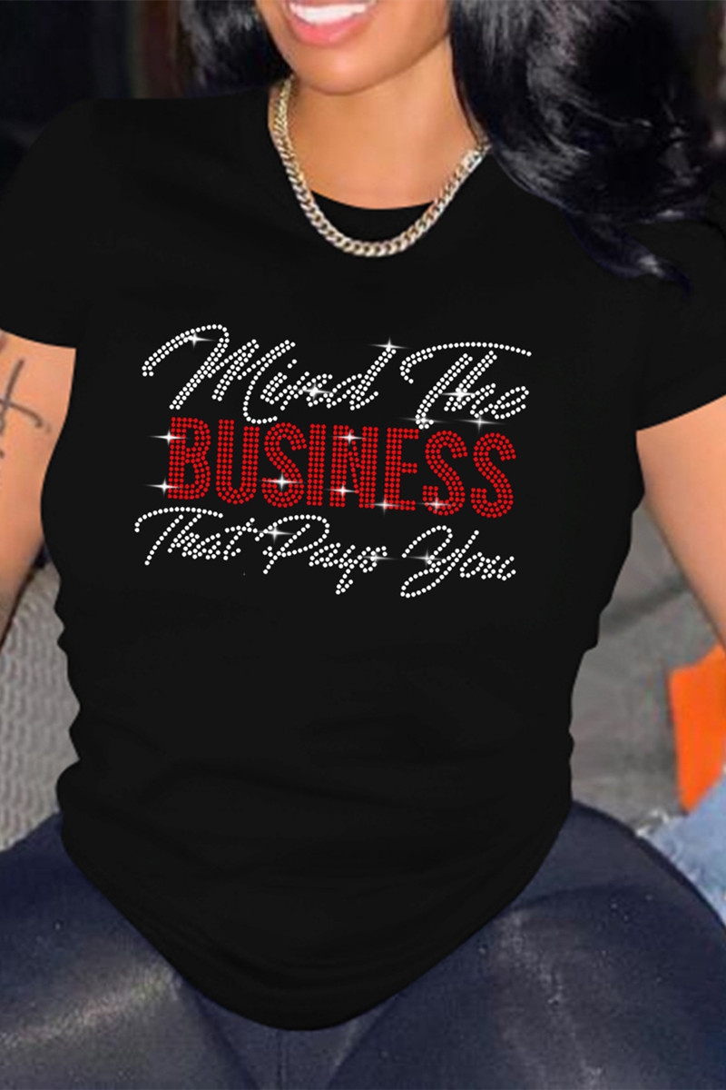 

Black Red Fashion Casual Letter Hot Drill O Neck T-Shirts