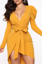 Yellow Fashion Casual Solid Bandage V Neck Long Sleeve Dresses