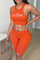 オレンジファッションカジュアルプリントベーシックOネックノースリーブツーピース