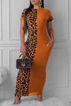 Оранжевое модное повседневное платье с леопардовым принтом и круглым вырезом в стиле пэчворк с коротким рукавом