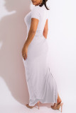 Белые повседневные однотонные лоскутные прямые платья с разрезом и круглым вырезом