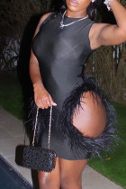 Черные сексуальные однотонные выдолбленные лоскутные платья-юбка-карандаш с перьями и круглым вырезом