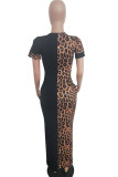 Vestido de manga curta com estampa de leopardo casual fashion marrom com decote em bico