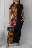 Bruine mode casual print luipaard patchwork jurk met korte mouwen en O-hals
