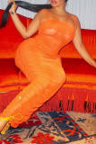 Оранжевое модное сексуальное однотонное прозрачное длинное платье на тонких бретелях с открытой спиной