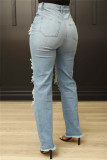 Jeans dritti in denim a vita alta strappati casual alla moda di colore chiaro