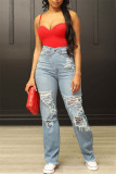Light Color Fashion Casual Solid Ripped High Waist Straight Denim Jeans