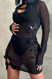 Black Sexy Solid Hollowed Out Patchwork See-through Half A Turtleneck One Step Skirt Dresses