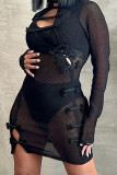 Schwarze, sexy, einfarbige, ausgehöhlte, durchsichtige Patchwork-Kleider mit halbem Rollkragen und einstufigem Rock