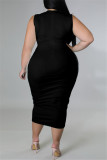 Vestido sin mangas con cuello en O de patchwork liso informal de talla grande negro a la moda