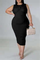 Zwarte mode-casual grote maat effen patchwork mouwloze jurk met o-hals