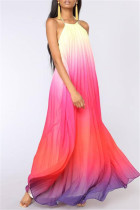 ピンクのファッションカジュアル段階的な変更プリント背中の開いたホルターノースリーブドレス
