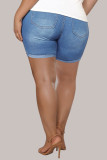Pantaloncini di jeans taglie forti con stampa di posizionamento dritta a vita alta patchwork con stampa casual da strada blu reale