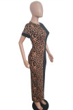 Vestido de manga curta com estampa de leopardo fashion casual estampa de leopardo patchwork