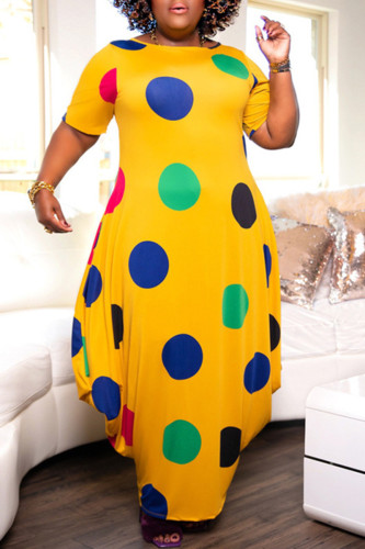 Yellow Fashion Casual Dot Print Basic O Neck Short Sleeve Dress Plus Size Dresses