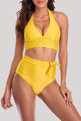Trajes de banho sem costas com ataduras amarelas fashion sexy (com acolchoados)